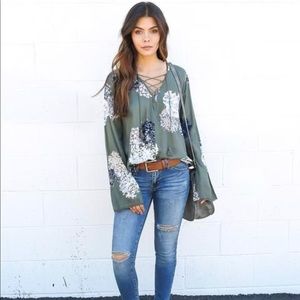 Olive Floral Peasant Blouse